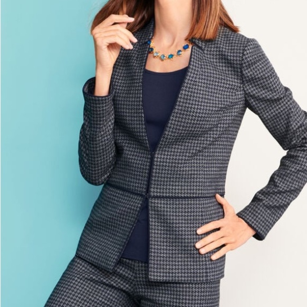 Talbots Women's Stretch Houndstooth Tweed Jacket Blazer Navy Gray Size 8